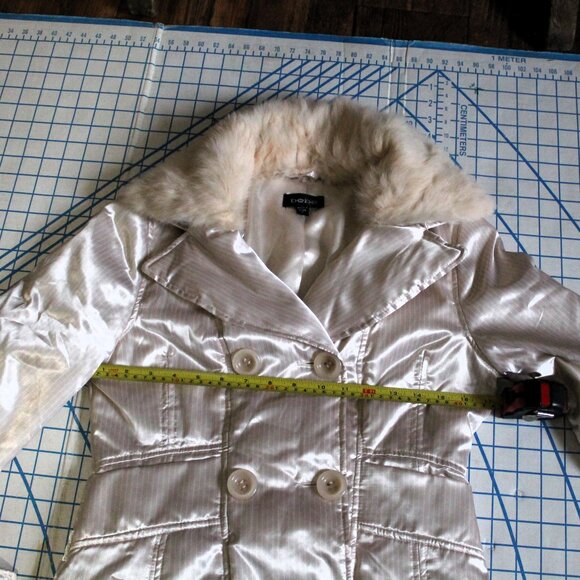 BEBE Satin Down Jacket with Removable Rabbit Fur Collar, Small - Picture 13 of 15